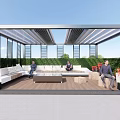 Modern Pergola With Metal Frame Sunshade And Outdoor Seating Surrounded By Greenery