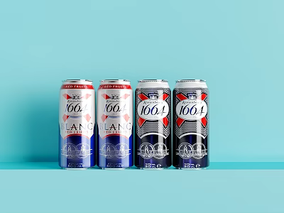 Four 1664 Blanc Beer Cans Arranged Side by Side on Light Blue Background 3d model
