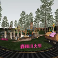 Lively Children's Playground in Wooded Area with Forest Train Ride Slides Swings and Green Grass
