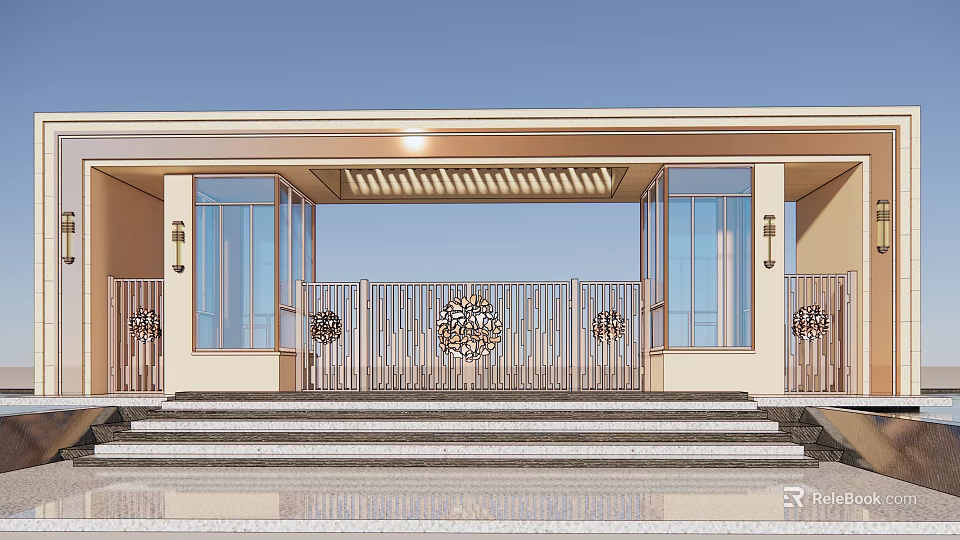 Modern Entrance Gate with Glass Doors Metal Railing Decorative Patterns Wooden Grille Canopy and Steps 3d model 