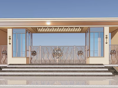 Modern Entrance Gate with Glass Doors Metal Railing Decorative Patterns Wooden Grille Canopy and Steps 3d model
