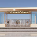 Modern Entrance Gate with Glass Doors Metal Railing Decorative Patterns Wooden Grille Canopy and Steps