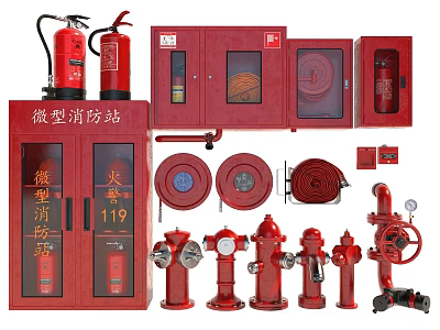 Essential Fire Fighting Equipment for Mini Fire Station Including Extinguishers Hydrants Cabinets Hoses 3d model