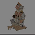 Tall Irregular Multi Level Building With Stone Walls Wooden Platforms And Tiled Roofs