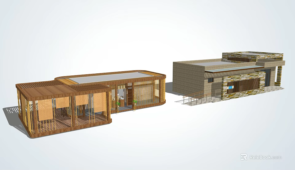 Modern Wooden And Stone Building Design With Open Structure Connected Corridor And Flat Roof 3d model