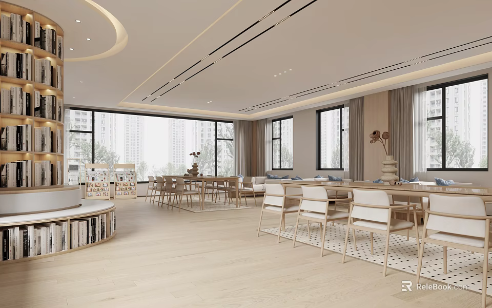 Book Art Inspired Modern Reading Space With Wooden Bookshelves Tables Chairs And Large Windows 3d model 