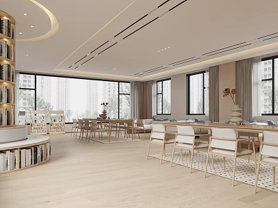 Book Art Inspired Modern Reading Space With Wooden Bookshelves Tables Chairs And Large Windows 3d model