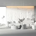 Modern Living Room Interior With Textured Wall Circular Pendant Lights White Sofas And Green Plants