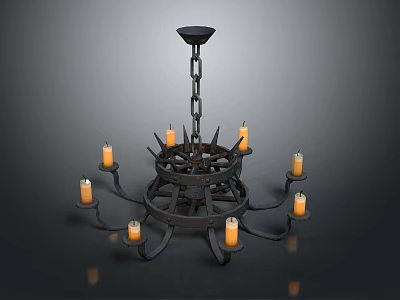 Vintage Iron Chandelier With Wheel Design And Multiple Candle Shaped Lights 3d model