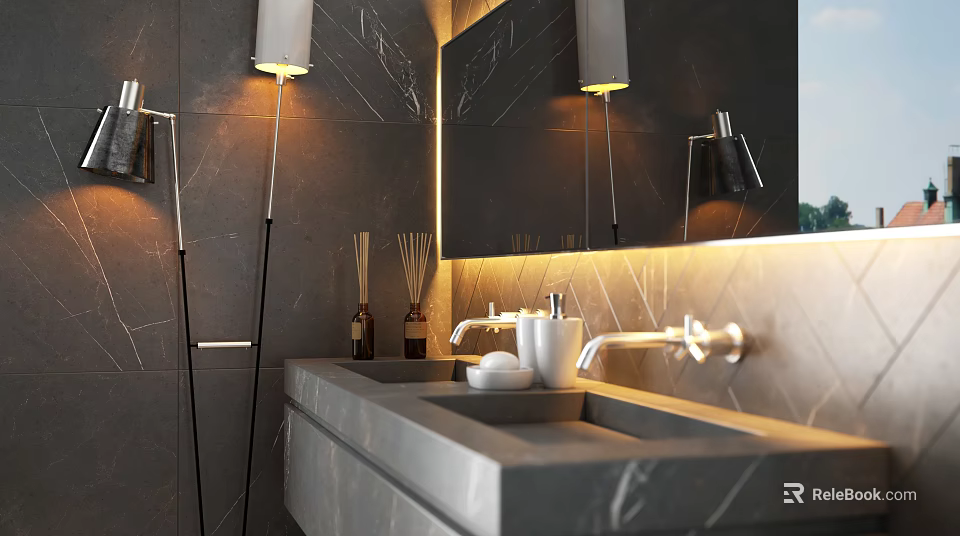 Modern Bathroom Vanity With Marble Countertop Double Sink Backlit Mirror And Faucets 3d model 