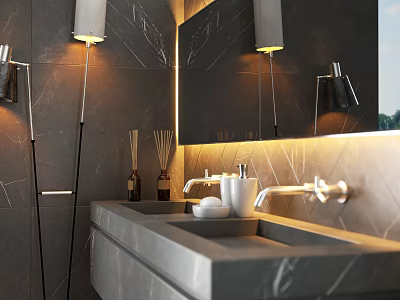 Modern Bathroom Vanity With Marble Countertop Double Sink Backlit Mirror And Faucets 3d model