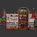 Enchanted Cartoon Scene Interior With Red Pointed Roofs Round Windows And Magic Potions