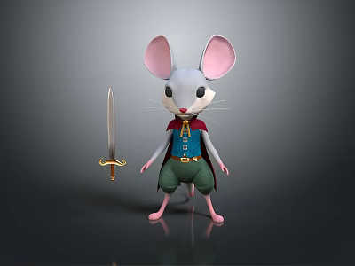 3D Game Movie Mouse Character With Large Ears Holding Sword And Blue Vest Green Pants 3d model