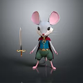 3D Game Movie Mouse Character With Large Ears Holding Sword And Blue Vest Green Pants