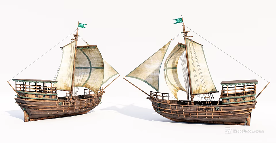 Traditional Wooden Sailboats With Cream Sails Green Flags And Brown Hulls On White Background 3d model 