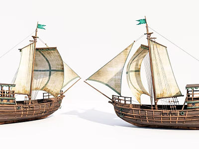 Traditional Wooden Sailboats With Cream Sails Green Flags And Brown Hulls On White Background 3d model