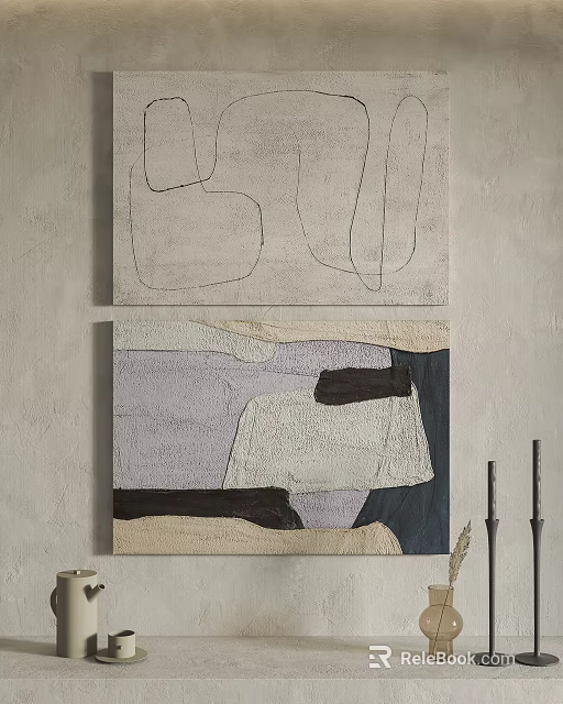 Abstract Wall Art Paintings Hanging On Light Colored Wall With Candlesticks 3d model