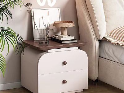 Modern Bedroom Interior With Stylish Nightstand Decorative Items Books Potted Plant And Cozy Bed 3d model