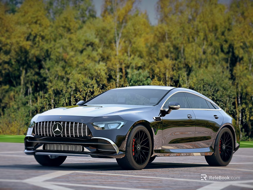 Luxury Mercedes AMG GT Coupe Silver Black Wheels on Road with Green Forest 3d model 