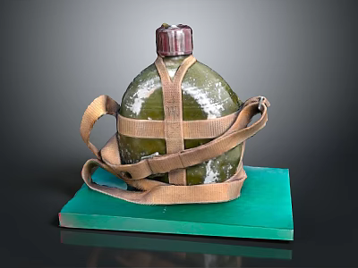 Vintage Green Water Bottle With Brown Straps Placed On Green Base 3d model Vintage Green Water Bottle With Brown Straps Placed On Green Base 3d model