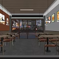 Warm Restaurant Interior Featuring Wooden Ceiling Hanging Lights Wall Paintings And Dining Tables