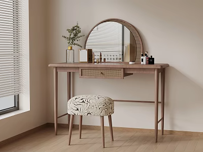 Minimalist Dressing Table Design With Round Rattan Mirror Wooden Frame And Patterned Stool 3d model