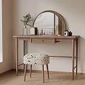 Minimalist Dressing Table Design With Round Rattan Mirror Wooden Frame And Patterned Stool 3d model
