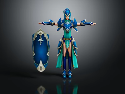 Female Warrior In Blue Teal Full Armor Holding Shield And Helmet Standing On Dark Background 3d model