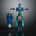Female Warrior In Blue Teal Full Armor Holding Shield And Helmet Standing On Dark Background