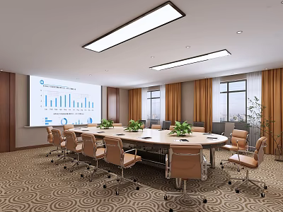 Modern Conference Room Interior With Round Table Green Plants Projection Screen Windows And Orange Curtains 3d model