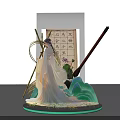 Ancient Style Photo Spot Featuring White Robe Figure Scroll Writing Brush Green Mountain Illuminated Base