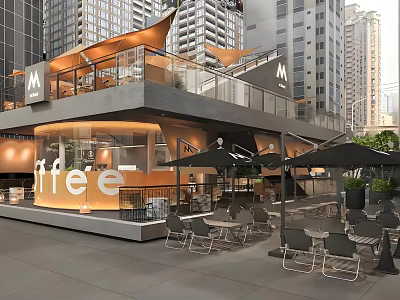 Modern City Cafe Outdoor Seating With Umbrellas Tables And Urban View 3d model