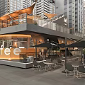 Modern City Cafe Outdoor Seating With Umbrellas Tables And Urban View