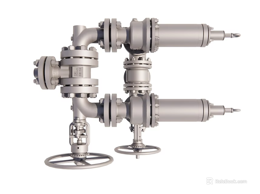 Industrial Metal Valves With Pipeline Connections And Control Handles 3d model 