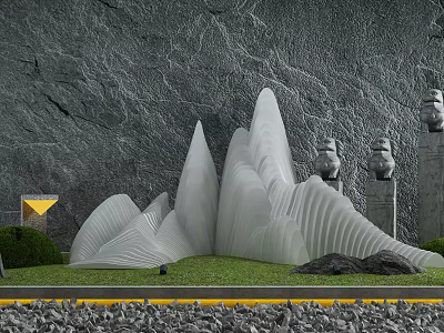 Karesansui Rock Garden With Gray Stone Wall White Mountain Sculptures Green Grass And Gravel 3d model