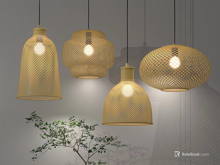 Woven Rattan Pendant Lights With Different Shapes Green Plant And Light Effects 3d model 