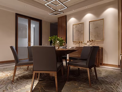 Elegant Modern Restaurant Interior With Wooden Dining Table Leather Chairs Green Plants And Decorative Paintings 3d model