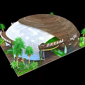 Modern Exhibition Booth With Curved Wooden Top And White Transparent Structure Surrounded By Palm Trees