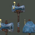 Worn Blue And Brown Mechanical Parts With Yellow Elements On Metal Bases