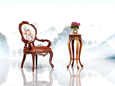 Traditional Carved Brown Armchair With Small Wooden Table And Flowers In Chinese Landscape Background 3d model