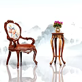 Traditional Carved Brown Armchair With Small Wooden Table And Flowers In Chinese Landscape Background