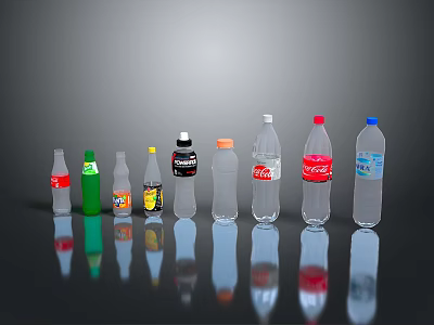 Various Branded Beverage Bottles With Colorful Green Red Transparent On Grey Background And Reflections 3d model