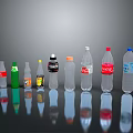 Various Branded Beverage Bottles With Colorful Green Red Transparent On Grey Background And Reflections