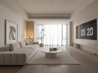 Modern Living Room With Light Colored Sofa Round Coffee Table And Floor To Ceiling Windows 3d model