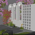 White Arched Scenic Garden Wall With Purple Flowers Green Plants And Stone Path