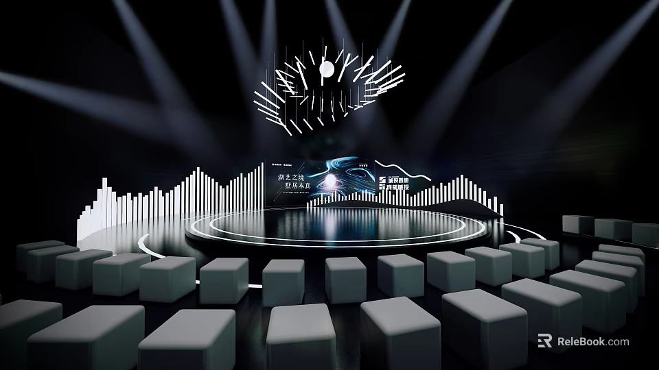 Modern Ballroom Interior Design With Round Stage Lighting Fixture And Geometric Seats 3d model 