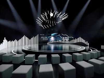Modern Ballroom Interior Design With Round Stage Lighting Fixture And Geometric Seats 3d model