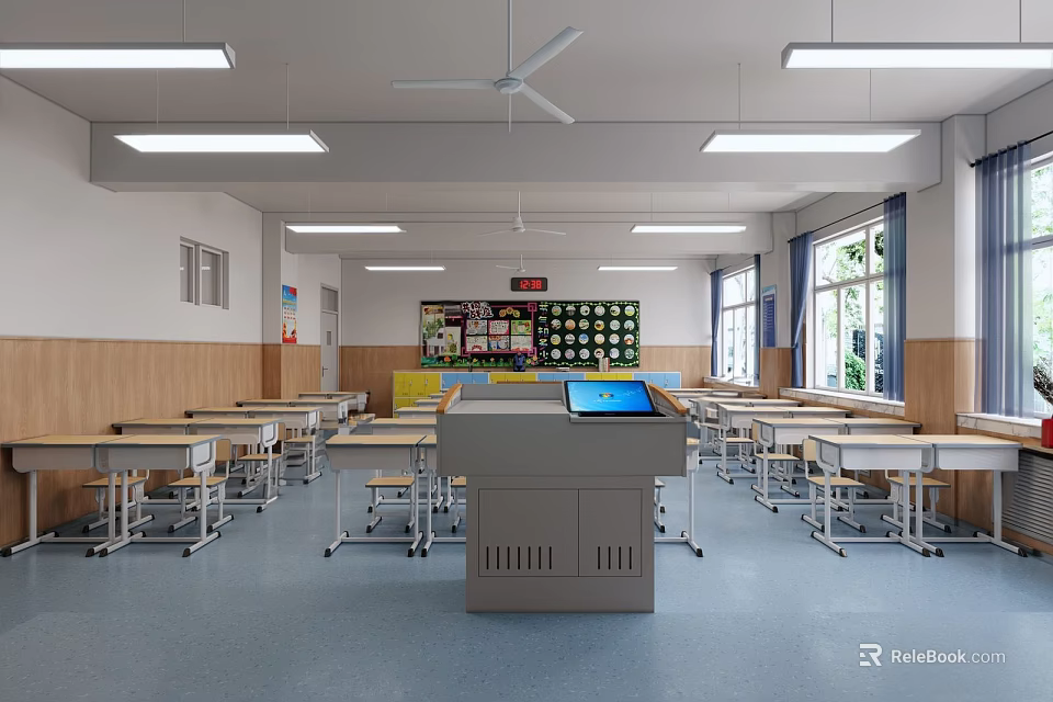 School Modern Bright Classroom With Desks Chairs Smart Podium Whiteboard Windows And Lighting 3d model 