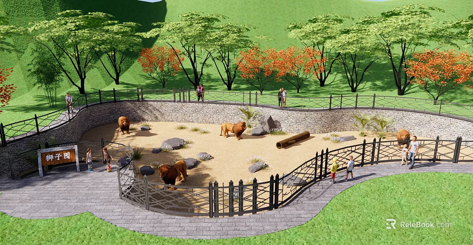 Park Landscape Featuring Fenced Bear Enclosure With Sandy Area Trees And Visitors Walking Nearby 3d model 