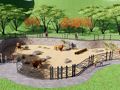 Park Landscape Featuring Fenced Bear Enclosure With Sandy Area Trees And Visitors Walking Nearby 3d model